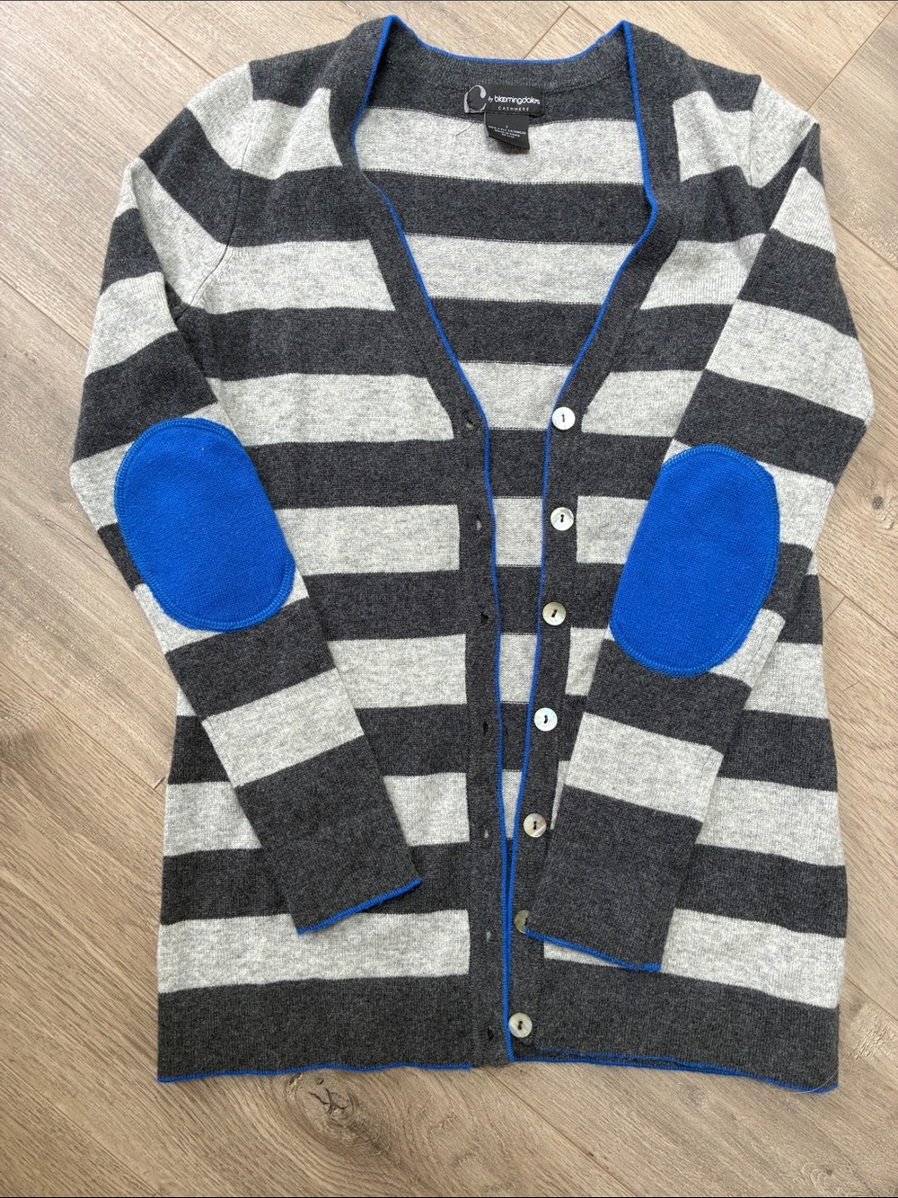 Bloomingdale’s Cashmere Blue and Grey Striped Cardigan Sweater